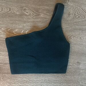 Babaton Aritzia One-Shoulder Teal Ribbed Crop Top